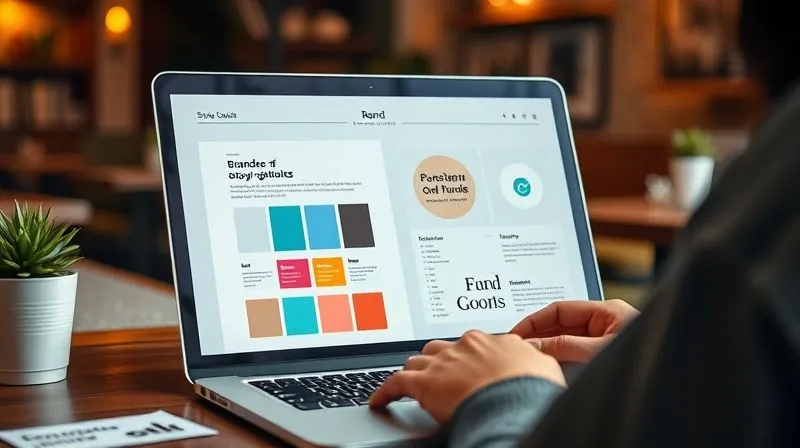 A photorealistic image of a brand style guide open on a laptop screen, showing consistent color palettes, fonts, and a logo. In the background, a person is working on a different Canva design, applying these brand elements. The setting is a cozy, well-lit digital nomad cafe. Professional photography, 8K, cinematic lighting, sharp focus on the brand guide, depth of field, shot on a high-end DSLR.