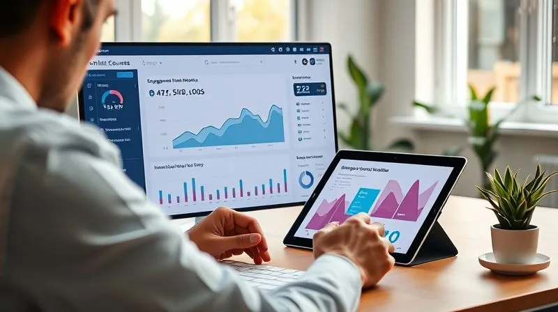 A photorealistic image of a person analyzing a dashboard with engagement metrics for online courses, showing graphs and charts. On the desk, there's a tablet displaying a Canva design. The setting is a bright, modern home office, implying a digital nomad's workspace. Professional photography, 8K, cinematic lighting, sharp focus on the dashboard, depth of field, shot on a high-end DSLR.