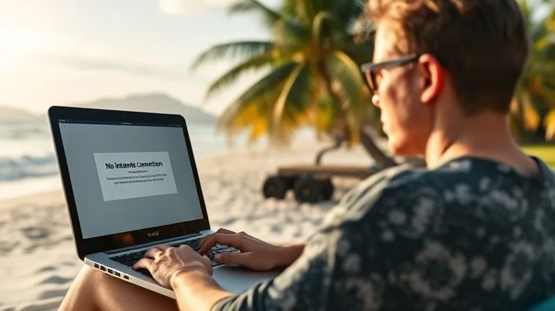 A photorealistic image of a digital nomad working on a laptop in a remote, beautiful location (e.g., a beach with palm trees), but the laptop screen shows a 'no internet connection' error message while trying to access Canva. The person looks slightly frustrated but determined. Professional photography, 8K, cinematic lighting, sharp focus on the laptop and person, depth of field, shot on a high-end DSLR.