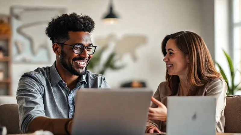 A photorealistic, professional photography, 8K, cinematic lighting, sharp focus, depth of field shot on a high-end DSLR, showing two diverse professionals engaged in a high-quality video call. One person is a digital nomad in a modern co-working space with a subtle travel-related decor, smiling genuinely. The other person is in a well-lit home office, actively listening. The screens are subtly visible, but the focus is on their warm, authentic interaction, conveying connection and understanding across distances. The atmosphere is professional yet approachable, with soft, natural light.