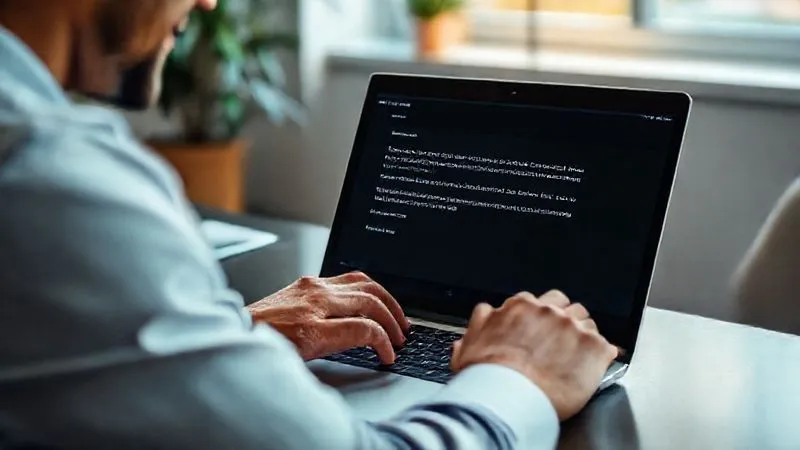 A photorealistic, professional photography, 8K, cinematic lighting, sharp focus, depth of field shot on a high-end DSLR, showing a person thoughtfully typing on a laptop, with a gentle smile. On the screen, a professional email is being composed, clearly showing a personalized message offering a helpful resource or a congratulatory note, rather than a request. The background is a clean, modern workspace, suggesting focus and care in communication. The overall mood is one of sincerity and proactive generosity.