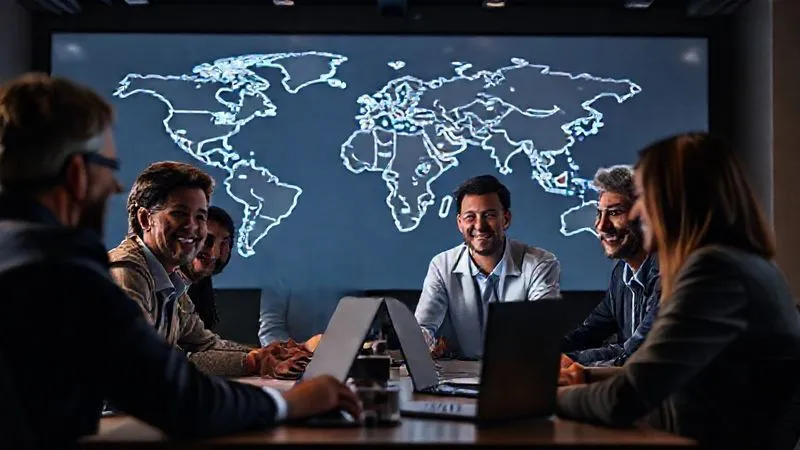 A photorealistic, professional photography, 8K, cinematic lighting, sharp focus, depth of field shot on a high-end DSLR, depicting a diverse group of remote professionals from different continents collaborating seamlessly on a video conference. A world map is subtly projected in the background, with time zones highlighted. The participants are smiling and engaged, overcoming geographical distances. The image evokes a sense of global unity and efficient remote work, with soft, ambient light creating a professional yet warm atmosphere.