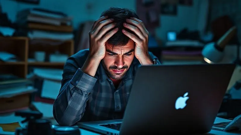 A photorealistic, professional photography, 8K, cinematic lighting, sharp focus, depth of field shot on a high-end DSLR, showing a digital nomad looking overwhelmed and stressed, sitting in front of a laptop screen displaying a flood of unread messages and notifications from various networking platforms. The person is holding their head in their hands, conveying a sense of information overload and digital fatigue. The background is a cluttered, temporary workspace, reinforcing the feeling of chaos. The lighting is dim and slightly blue, enhancing the mood of exhaustion.