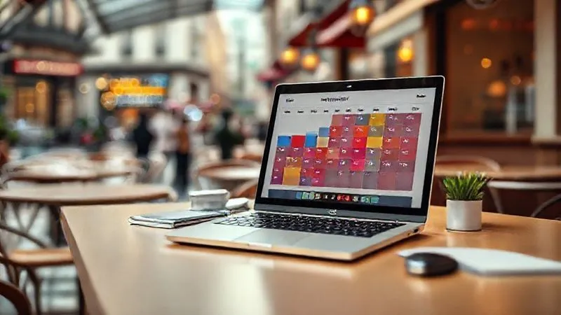 A photorealistic image of a sleek, minimalist desk setup with a laptop showing a calendar with color-coded time blocks. The background is a blurred, vibrant cafe in a bustling European city, suggesting a digital nomad's workspace. The focus is sharp on the organized desk, with warm, natural light. 8K hyper-detailed, professional photography.
