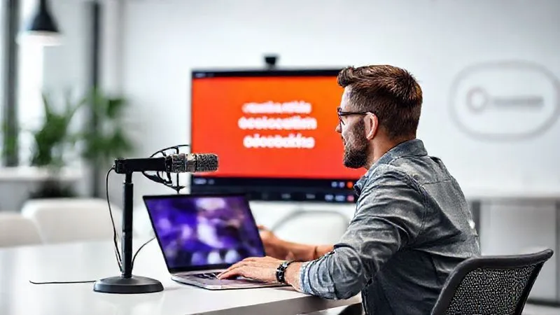 A photorealistic image of a digital nomad confidently presenting on a virtual conference call, with a professional microphone and a vibrant, engaging presentation slide on the laptop screen. The background is a clean, modern coworking space with subtle branding elements. Sharp focus on the presenter, soft cinematic lighting, 8K hyper-detailed.