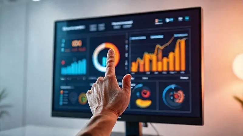 A photorealistic image of a vibrant, interactive dashboard displayed on a high-resolution monitor, showing various marketing KPIs like ROI, conversion rates, and LTV with clear, ascending graphs. A digital nomad's hand is visible, pointing to a key metric on the screen. Cinematic lighting, sharp focus on the dashboard, depth of field blurring a modern, minimalist background. 8K hyper-detailed.
