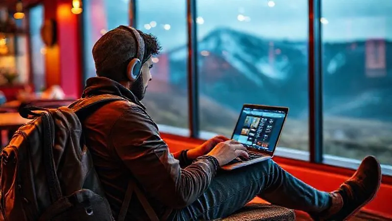 A photorealistic image of a digital nomad, perhaps a person with a backpack, sitting comfortably in a vibrant, inspiring co-working space or a scenic remote location (like a cafe with a mountain view), intensely focused on a laptop screen that subtly displays elements of online course interfaces and a successful job application. The scene should evoke a sense of freedom, learning, and achievement. Cinematic lighting, sharp focus on the nomad and laptop, depth of field blurring the background, 8K hyper-detailed, professional photography, shot on a high-end DSLR.