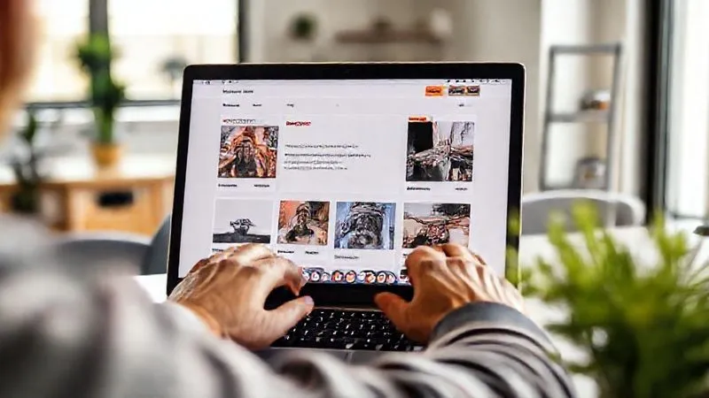A photorealistic image of a person proudly showcasing their digital portfolio on a laptop screen, with various project thumbnails and a "hired" notification subtly visible. The background is a clean, modern workspace with natural light. Cinematic lighting, sharp focus on the screen and hands, depth of field blurring the background, 8K hyper-detailed, professional photography, shot on a high-end DSLR.