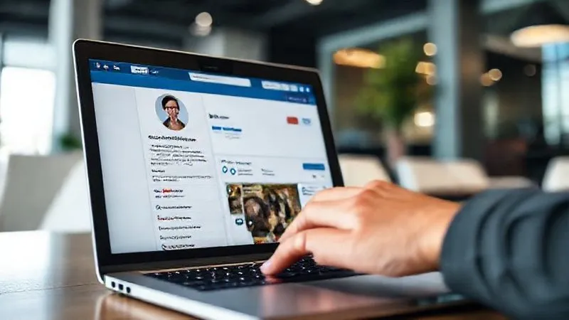 A photorealistic image of a professional laptop screen displaying a well-optimized LinkedIn profile with certifications and projects highlighted. A person's hand is hovering over the trackpad. The background is a blurred, modern office or co-working space. Cinematic lighting, sharp focus on the screen, depth of field blurring the background, 8K hyper-detailed, professional photography, shot on a high-end DSLR.