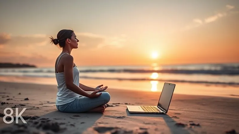 A photorealistic image of a digital nomad meditating peacefully on a tranquil beach at sunrise, laptop closed beside them, embodying mental clarity and focus before a day of learning. The scene radiates calm and intention. Cinematic lighting, sharp focus on the person, depth of field blurring the background, 8K hyper-detailed, professional photography, shot on a high-end DSLR, emotionally resonant with inner peace.