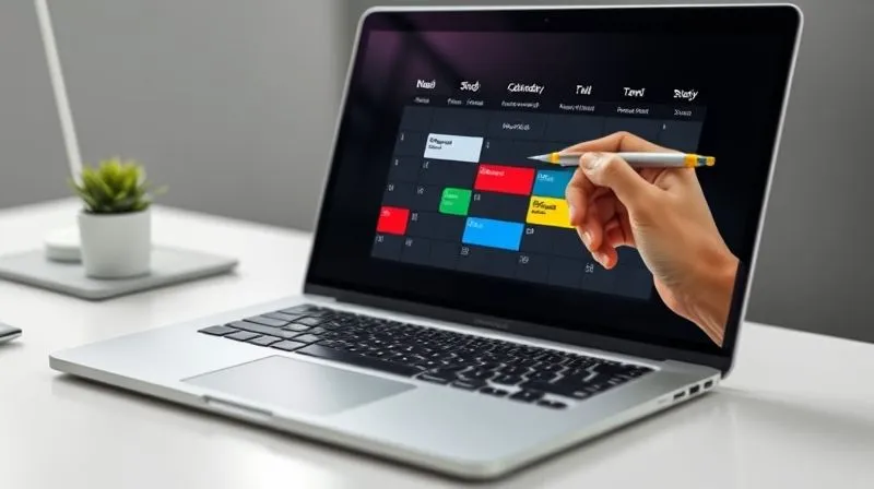 A photorealistic image of a detailed digital calendar on a laptop screen, showing color-coded time blocks for 'study,' 'travel,' and 'leisure,' with a hand holding a stylus pointing to a study block. The background is a minimalist, modern desk setup. Cinematic lighting, sharp focus on the screen, depth of field blurring the background, 8K hyper-detailed, professional photography, shot on a high-end DSLR, conveying organized productivity.