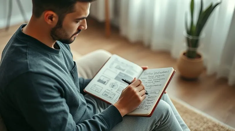 A photorealistic image of a digital nomad sitting thoughtfully, looking at a journal filled with handwritten notes and diagrams, with a pen in hand, indicating reflection and self-assessment. The setting is a minimalist, modern apartment with soft natural light. Cinematic lighting, sharp focus on the journal and hands, depth of field blurring the background, 8K hyper-detailed, professional photography, shot on a high-end DSLR, conveying introspection and learning.