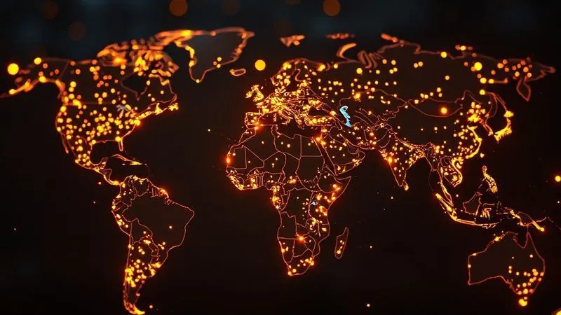 A photorealistic image of a detailed world map with glowing nodes interconnected by fine lines, symbolizing digital nomad communities and interest groups across the globe. Some nodes are brighter, indicating active, high-potential groups. Cinematic lighting, sharp focus on the glowing connections, depth of field blurring the less active areas, 8K hyper-detailed, professional photography, shot on a high-end DSLR.