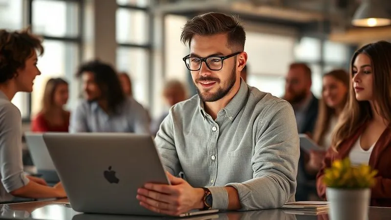A photorealistic image of a digital nomad, male or female, with a subtle, radiant aura around them, symbolizing a strong personal brand. They are confidently engaging with a laptop in a beautifully designed co-working space, surrounded by a diverse, yet subtly connected, group of other professionals. Cinematic lighting, sharp focus on the nomad and their confident expression, depth of field blurring the background elements, 8K hyper-detailed, professional photography, shot on a high-end DSLR.