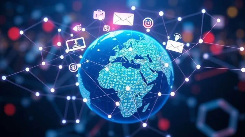 A photorealistic image of a complex network of glowing lines connecting various digital icons (email, calendar, project management, social media) floating above a globe, symbolizing global digital integration. Cinematic lighting, 8K, sharp focus, depth of field, professional photography.
