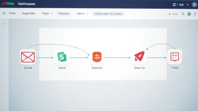 A photorealistic image of a digital interface showing a drag-and-drop workflow builder, with various app icons (Gmail, Slack, Trello) connected by flowing lines, representing automation. The interface is clean and modern, with cinematic lighting and sharp focus. 8K, professional photography.