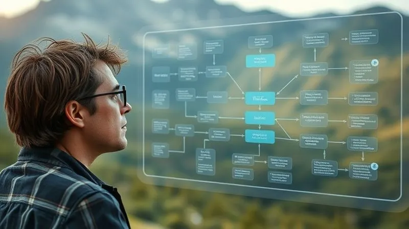 A photorealistic image of a digital nomad looking thoughtfully at a complex flowchart diagram on a transparent screen, overlaid on a serene natural landscape. The diagram shows interconnected processes and decision points. Cinematic lighting, 8K, sharp focus on the nomad and diagram, depth of field. Professional photography.