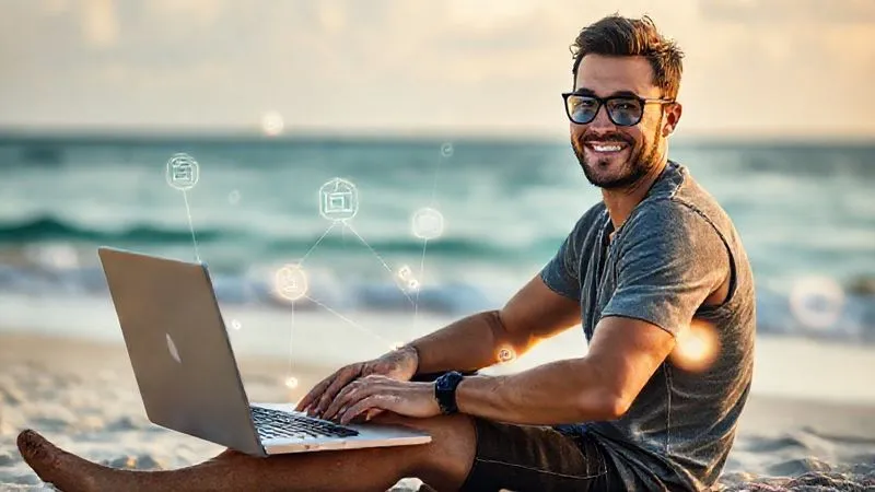 A photorealistic image of a digital nomad looking relaxed and smiling, sitting on a beach with a laptop, while abstract lines of light flow from the laptop, connecting to various automated tasks represented by glowing icons in the background. Cinematic lighting, sharp focus, depth of field blurring the ocean, 8K hyper-detailed, professional photography, shot on a high-end DSLR.