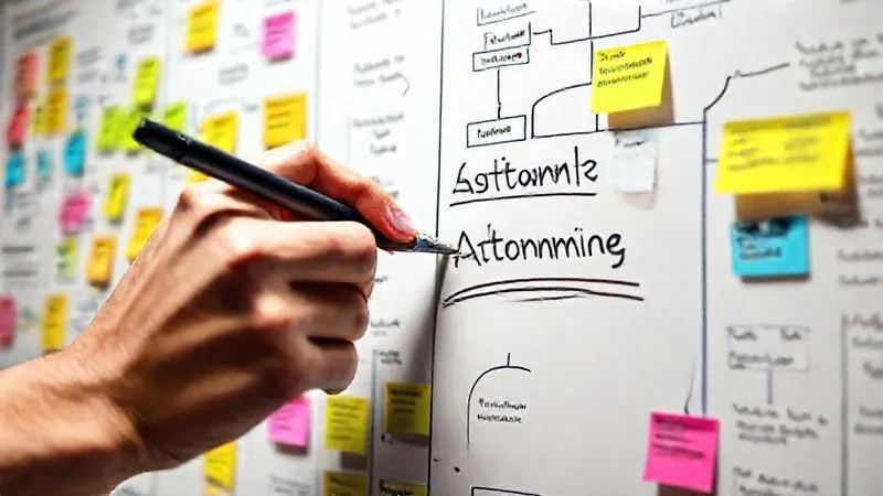 A photorealistic close-up of a whiteboard covered in colorful sticky notes, flowcharts, and diagrams, illustrating complex business processes being simplified. A hand with a pen points to a section marked 'automation opportunity'. Cinematic lighting, sharp focus, depth of field, 8K hyper-detailed, professional photography, shot on a high-end DSLR.
