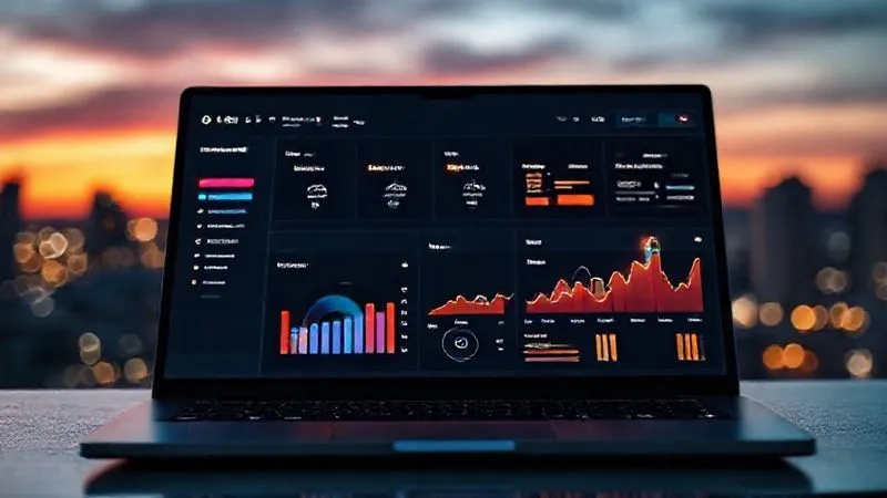 A photorealistic image of a sleek dashboard on a laptop screen, displaying various integrated automation tools (CRMs, project management, email marketing) with glowing lines connecting them, symbolizing seamless data flow. The background shows a blurry but vibrant cityscape at sunset. Cinematic lighting, sharp focus, depth of field, 8K hyper-detailed, professional photography, shot on a high-end DSLR.