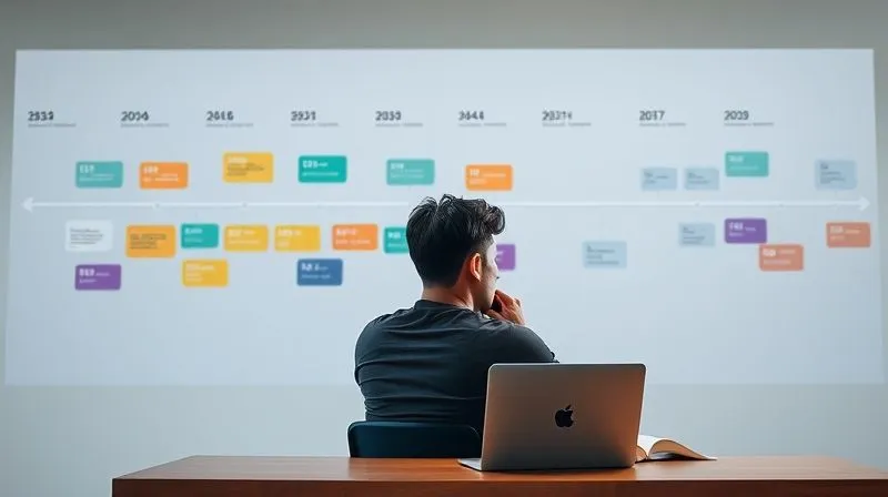 A photorealistic image of a person sitting at a desk, surrounded by a visual representation of a timeline with different colored blocks representing various tasks, showing where time is spent. The person is looking thoughtfully at a laptop screen with data visualizations. Cinematic lighting, sharp focus, 8K hyper-detailed.
