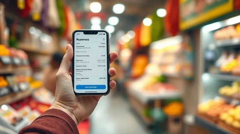 A photorealistic image of a digital nomad holding a smartphone, scanning a receipt in a vibrant market setting. The phone screen shows a financial app with categorized expenses. Cinematic lighting, sharp focus on the phone and hand, depth of field blurring the market background, 8K hyper-detailed.