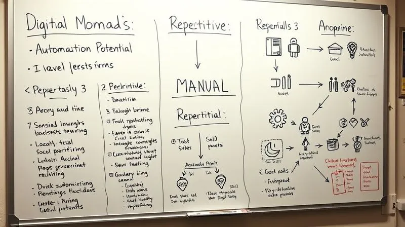 A photorealistic, professional photography, 8K, cinematic lighting, sharp focus, depth of field, shot on a high-end DSLR, of a whiteboard filled with handwritten notes and flowcharts, illustrating a digital nomad's daily tasks being categorized into 'manual', 'repetitive', and 'automation potential'. Arrows connect the 'automation potential' tasks to icons representing gears and robots, symbolizing efficiency and time-saving. The overall mood is organized and strategic.