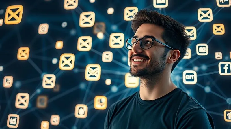 A photorealistic, professional photography, 8K, cinematic lighting, sharp focus, depth of field, shot on a high-end DSLR, showing a complex but elegant network of interconnected digital applications and platforms represented by glowing icons (email, CRM, project management, social media). Lines of light flow between them, symbolizing automated data transfer and workflows, creating a sense of seamless efficiency. A digital nomad is observing this network on a transparent screen with a satisfied expression.
