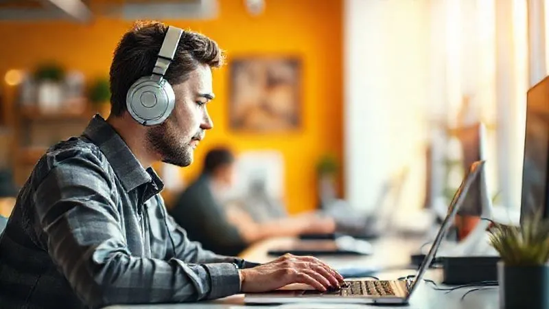 A photorealistic image of a digital nomad, male or female, wearing noise-canceling headphones, intensely focused on a laptop in a vibrant but slightly blurred co-working space. The foreground shows a clean, organized desk setup with a minimalist aesthetic. Cinematic lighting, sharp focus on the nomad, depth of field blurring the background. Professional photography, 8K, shot on a high-end DSLR.