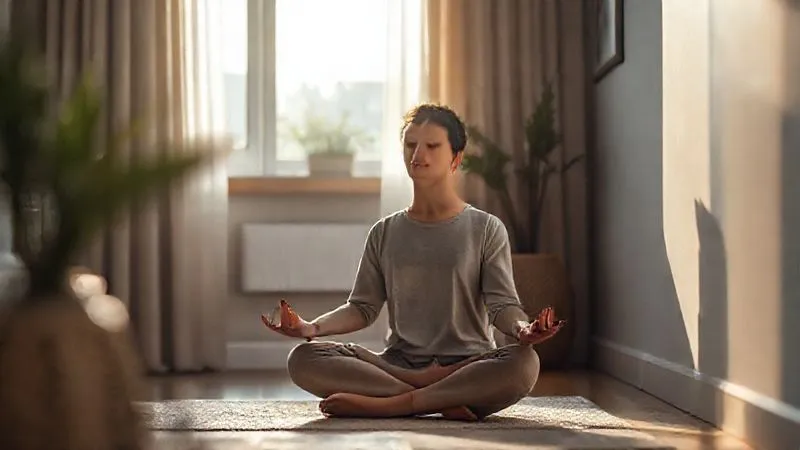 A photorealistic image of a person meditating quietly in a serene, minimalist corner of a modern apartment or co-living space, with soft morning light filtering in. The person is calm and focused, with a blurred background suggesting a peaceful environment. Cinematic lighting, sharp focus on the meditating figure, depth of field. Professional photography, 8K, shot on a high-end DSLR.