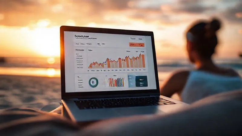 A photorealistic image of a laptop screen displaying an affiliate marketing dashboard with rising commission numbers, set against a blurred background of a serene beach at sunset where a digital nomad is working. The scene exudes financial freedom and the beauty of remote work. 8K, professional photography, cinematic lighting, sharp focus on the screen, depth of field, shot on a high-end DSLR.