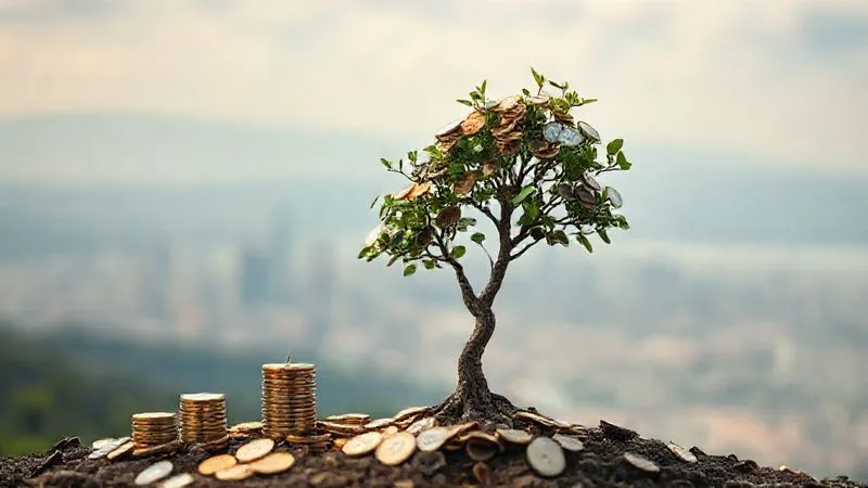 A photorealistic image of a series of small, diverse coins growing into a large, thriving money tree, symbolizing the power of micro-investments and compounding interest. The background is a soft, blurred landscape of a serene, distant city, suggesting financial growth while traveling. Cinematic lighting, sharp focus on the money tree, depth of field, 8K, professional photography, shot on a high-end DSLR.