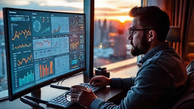 A photorealistic image of a digital nomad analyzing a complex dashboard filled with various financial metrics and growth charts on a high-resolution monitor. The nomad is focused, with a cup of coffee nearby, in a cozy yet modern apartment overlooking a vibrant city skyline at dawn. Cinematic lighting, sharp focus on the dashboard and nomad's thoughtful expression, depth of field, 8K, professional photography, shot on a high-end DSLR.