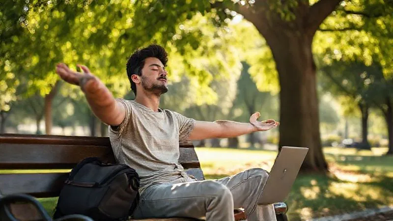 A photorealistic image of a digital nomad sitting on a park bench under a tree, gently stretching, eyes closed, with a serene expression. Sunlight filters through the leaves, creating dappled light. A laptop bag is beside them, but the focus is on the peaceful moment of connection with nature. Cinematic lighting, sharp focus on the nomad, depth of field blurring the park background, 8K hyper-detailed, shot on a high-end DSLR.