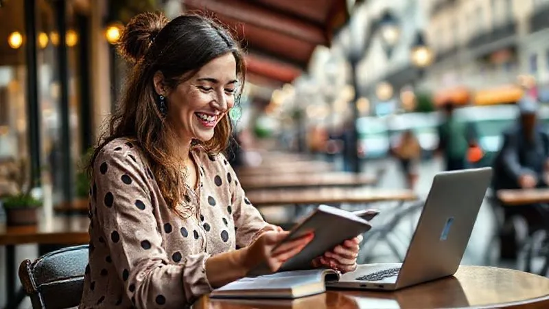 A photorealistic image of Sofia, a vibrant digital nomad, mid-20s, laughing genuinely while sketching in a small notebook at a charming outdoor cafe in a bustling European city. Her laptop is closed beside her, and she looks completely engaged and joyful in her creative break. The background shows blurred city life, with cinematic lighting highlighting her joyful expression. Sharp focus on Sofia, depth of field blurring the background, 8K hyper-detailed, shot on a high-end DSLR.