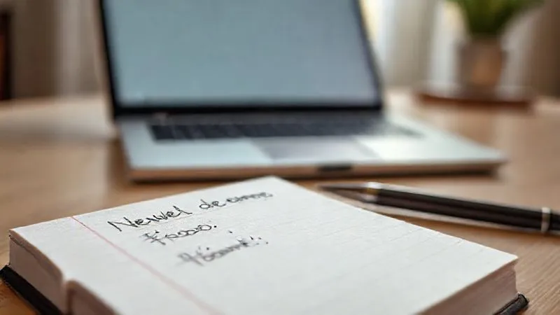 A photorealistic close-up of a minimalist notebook with handwritten entries in Portuguese like 'Nível de Energia: 8/10', 'Foco: Bom', 'Humor: Calmo'. A pen rests beside it, and a laptop is open in the soft-focus background, representing self-assessment and progress tracking. Cinematic lighting, sharp focus on the notebook, depth of field blurring the background, 8K hyper-detailed, shot on a high-end DSLR.