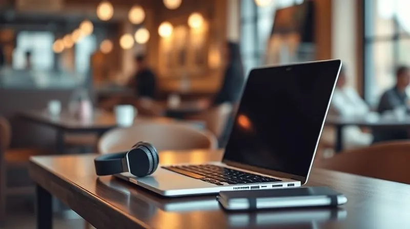 A professional photography shot of a sleek, minimalist portable workspace setup on a cafe table, with a laptop, noise-canceling headphones, and a compact notebook. The background shows a softly blurred, bustling cafe. Cinematic lighting, sharp focus on the workspace, depth of field, 8K hyper-detailed, shot on a high-end DSLR.