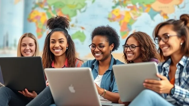 A photorealistic image of a diverse group of digital nomads, each with a laptop, engaged in a vibrant online video call, some smiling, others taking notes. The background shows different travel destinations, subtly blurred. Cinematic lighting, sharp focus on the individuals, depth of field, 8K hyper-detailed, shot on a high-end DSLR.