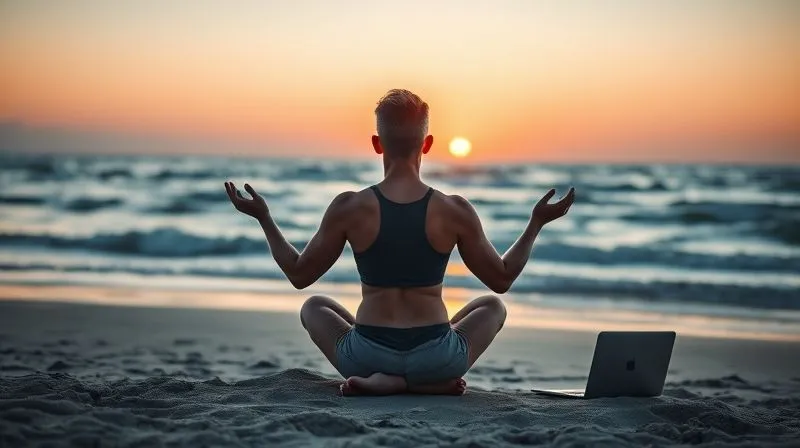 A photorealistic image of a digital nomad practicing yoga or meditation on a quiet beach at sunrise, laptop closed beside them, conveying a sense of peace and mental clarity. Cinematic lighting, sharp focus on the person, depth of field blurring the ocean, 8K hyper-detailed, shot on a high-end DSLR.