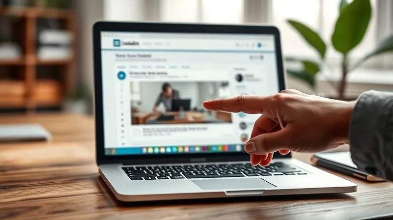 A photorealistic image of a digital nomad's hand pointing at a laptop screen displaying a LinkedIn content creation interface, with a partially written article or post. The background shows a creative, inspiring workspace with natural light. The focus is on the screen and the hand, conveying action and productivity. Professional photography, 8K, cinematic lighting, sharp focus, depth of field, shot on a high-end DSLR.