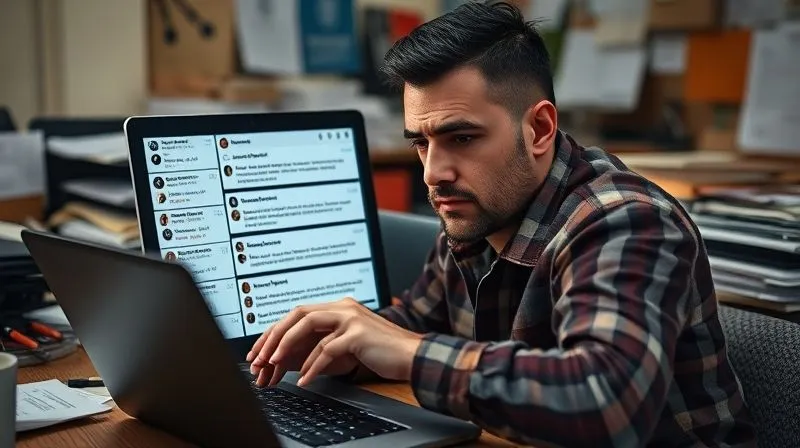 A photorealistic image showing a digital nomad looking stressed and overwhelmed by a laptop screen displaying multiple generic, unanswered LinkedIn messages and a low-engagement content feed. The background is a cluttered, uninspiring workspace, highlighting the frustration of ineffective strategies. Professional photography, 8K, cinematic lighting, sharp focus, depth of field, shot on a high-end DSLR.