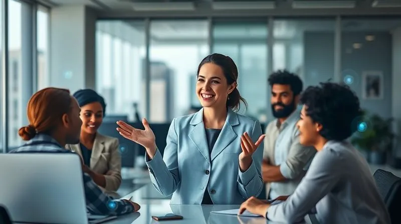 A photorealistic image of a diverse, multicultural team collaborating virtually across different time zones, depicted as glowing holographic projections around a central, confident female leader in a modern, minimalist office space. The leader is smiling, gesturing towards the projections. Cinematic lighting, sharp focus on the leader and the collaborative interface, depth of field blurring a cityscape outside. 8K hyper-detailed, shot on a high-end DSLR.