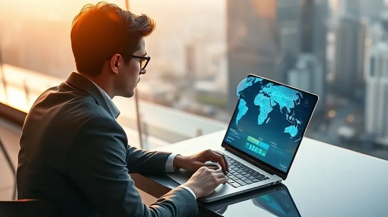 A photorealistic image of a sophisticated professional, possibly a digital nomad, sitting at a sleek laptop in a modern, sunlit co-working space overlooking a bustling city. On the laptop screen, a world map is visible with glowing connection lines between different locations, symbolizing global remote work. The person is focused, with a cup of coffee nearby. Cinematic lighting, sharp focus on the person and the laptop, depth of field blurring the background city. 8K hyper-detailed, shot on a high-end DSLR.