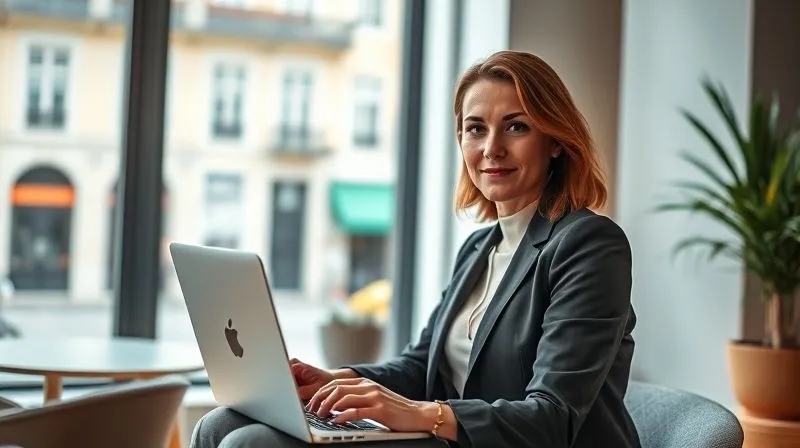A photorealistic image of a professional woman, mid-30s, with a laptop, confidently leading a video conference call from a stylish, modern co-working space in Lisbon, Portugal. A bright window shows a glimpse of a historic street. She is well-dressed, making eye contact with the camera. Cinematic lighting, sharp focus on her and the laptop screen, depth of field blurring the background slightly. 8K hyper-detailed, shot on a high-end DSLR.