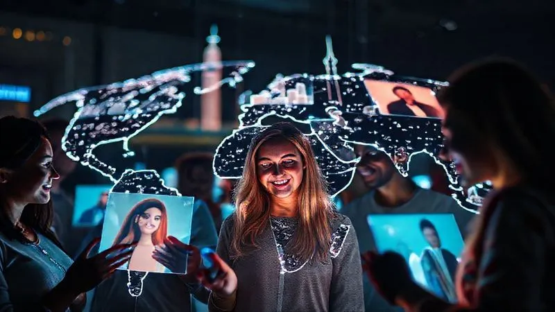 A photorealistic image showing a diverse group of digital nomads interacting through glowing virtual screens, forming a vibrant, interconnected web. Each screen shows a different person, some smiling, some in thoughtful discussion, against a backdrop of iconic global landmarks. Cinematic lighting, sharp focus, depth of field, professional photography, 8K, shot on a high-end DSLR, symbolizing global online community and connection.