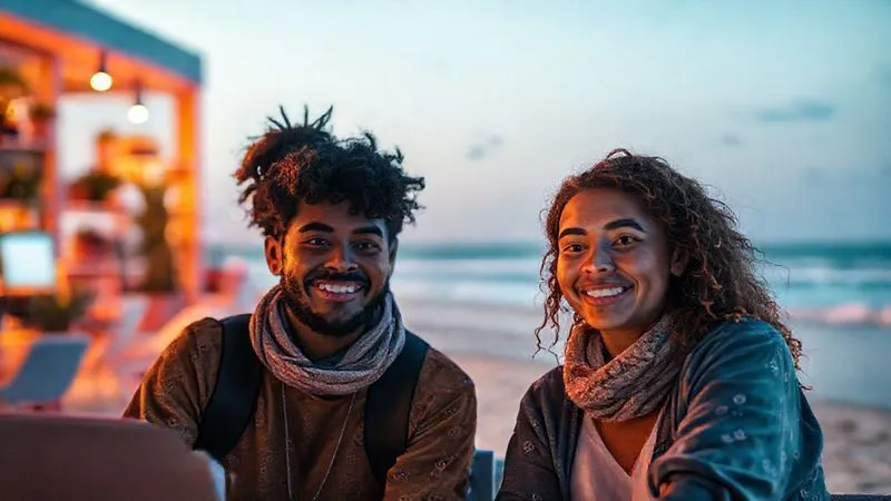 A photorealistic image of two digital nomads, one in a vibrant coworking space and the other on a serene beach, engaged in a video call, their faces lit by screen glow. A subtle, warm light connects them across the distance, symbolizing a strong bond. Cinematic lighting, sharp focus, depth of field, professional photography, 8K, shot on a high-end DSLR, conveying deep, personal online connection.