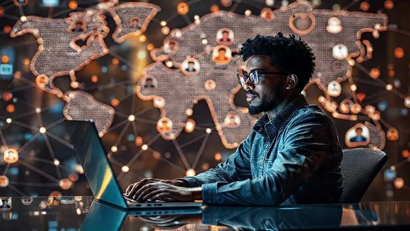 A photorealistic image depicting a digital nomad confidently navigating a complex global network of connections, represented by glowing lines and diverse faces on screens. The nomad sits calmly at a laptop, with a backdrop showing a blend of different time zones and cultural symbols, all harmoniously integrated. Cinematic lighting, sharp focus, depth of field, professional photography, 8K, shot on a high-end DSLR, symbolizing overcoming geographical and cultural barriers in online networking.