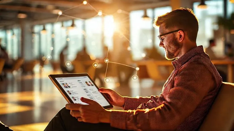 A photorealistic image of a digital nomad sitting in a vibrant, sunlit co-working space, looking at a tablet displaying a well-organized personal CRM or networking tool with various contacts and their interaction history. Surrounding the nomad, subtle glowing lines connect to distant, faint silhouettes of other people, symbolizing a well-maintained, sustainable global network. Cinematic lighting, sharp focus, depth of field, professional photography, 8K, shot on a high-end DSLR, conveying organized and lasting online connections.