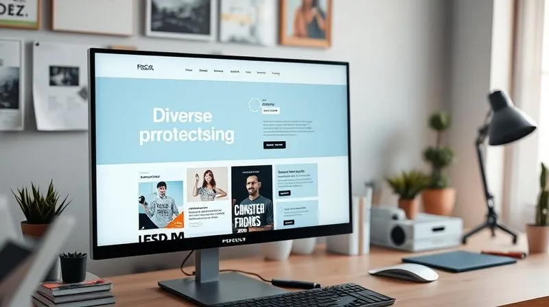 A photorealistic, sleek digital portfolio website displayed on a high-resolution monitor, showcasing diverse projects with clean layouts, professional typography, and client testimonials prominently featured. The screen glows softly in a modern, organized workspace. Professional photography, 8K, cinematic lighting, sharp focus on the portfolio content, depth of field blurring the desk background, shot on a high-end DSLR.