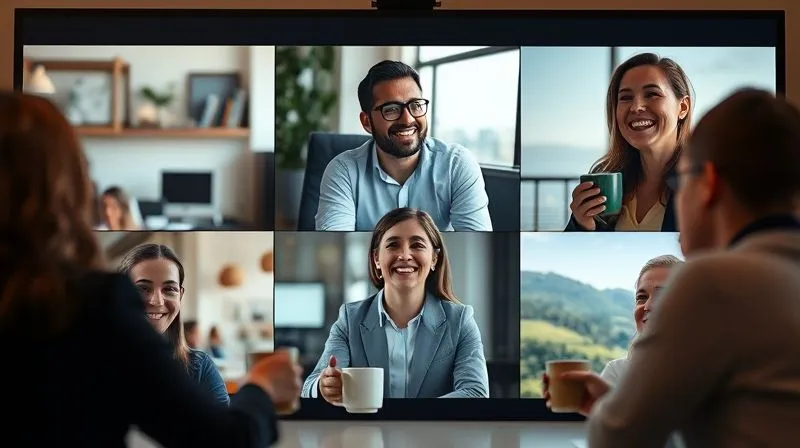 A photorealistic image of a diverse group of professionals smiling and laughing during a virtual coffee break on a video conferencing call, each in their unique remote setting (e.g., a home office, a cafe, a scenic balcony). The screen layout shows multiple vibrant video feeds. Professional photography, 8K, cinematic lighting, sharp focus on the faces, depth of field blurring the individual backgrounds, shot on a high-end DSLR.